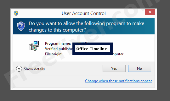 Screenshot where Office Timeline appears as the verified publisher in the UAC dialog